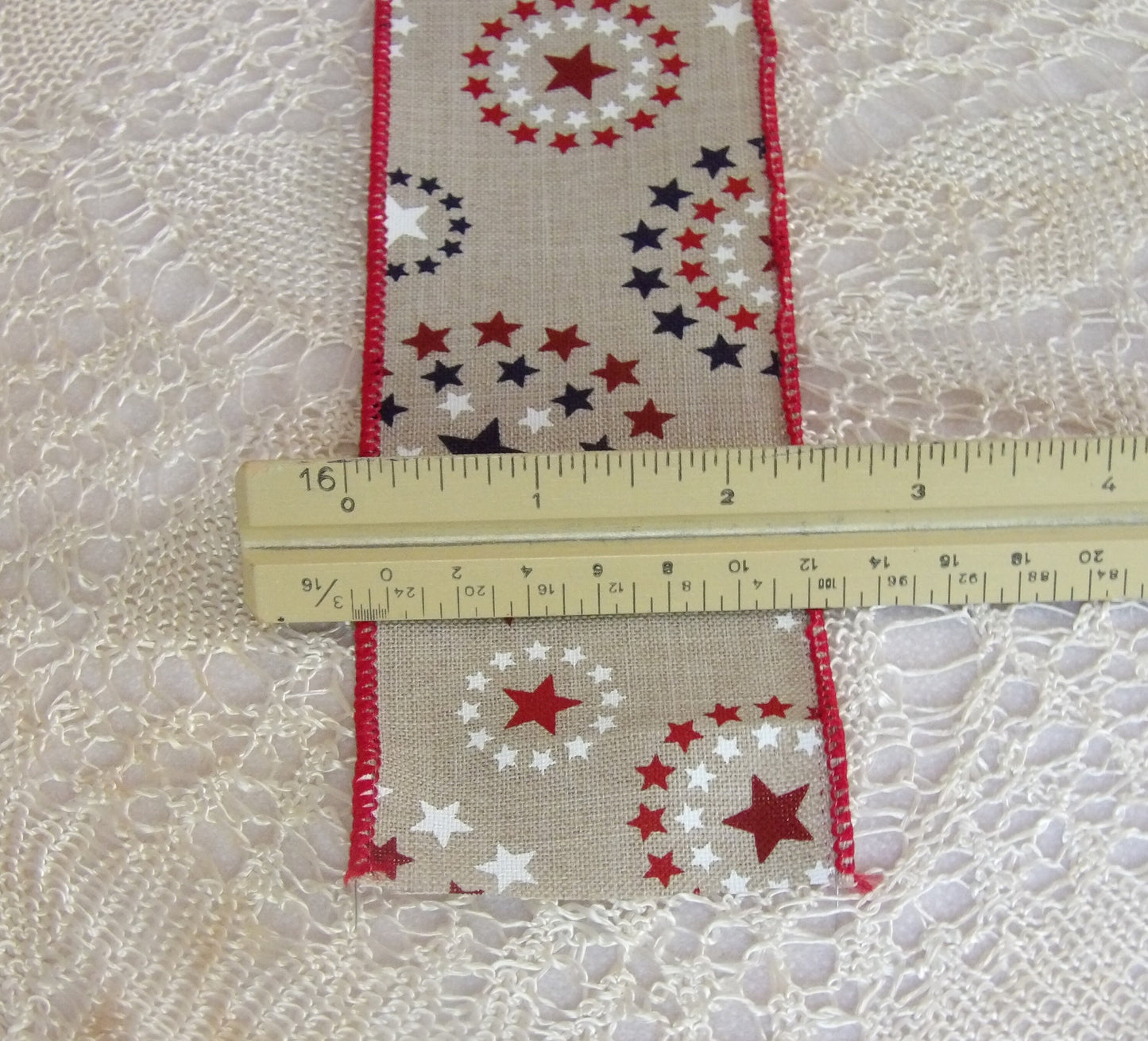 Ritter Patriotic Stars in Circle Pattern printed Red White and Blue on Natural Background 2 1/2 inches by the yard or roll