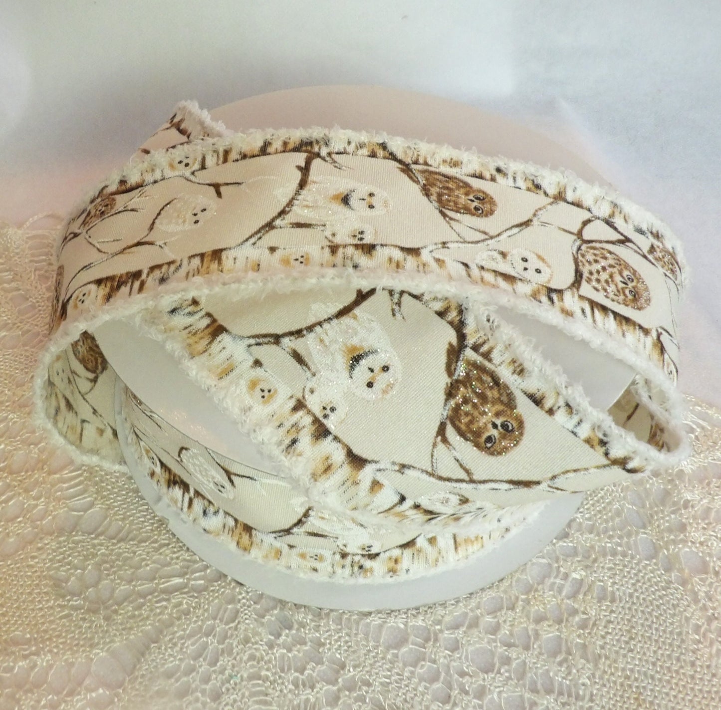 Barnie Barn Owl Wire Edge Ribbon Birch Brown tones on Cream 2 1/2 inches by the yard or roll Woodland