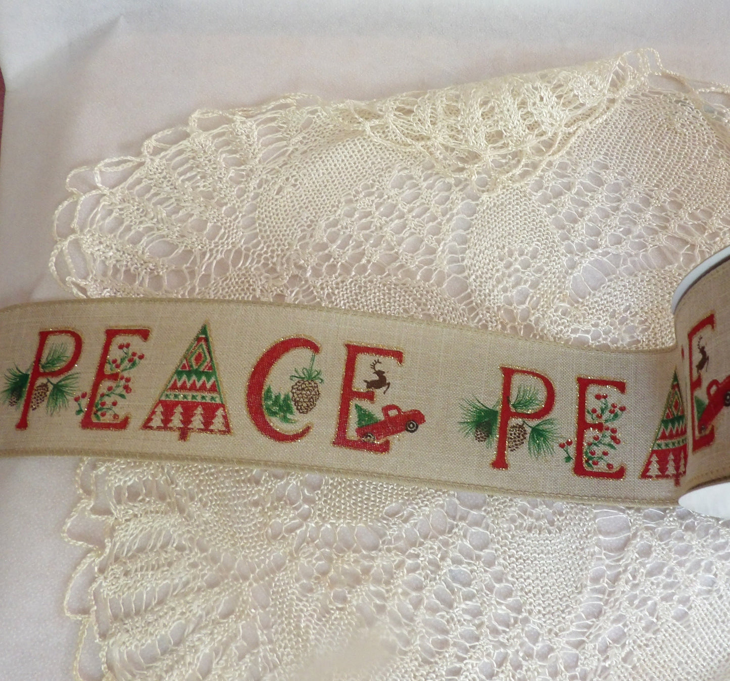 Pax Peace Natural Printed Ribbon Offray 2.5 inches wide Wired