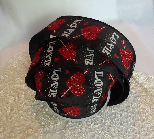 Tristan Black and Red Love Heart with Arrow Glitter Printed Ribbon Offray 2.5 inches wide Wired