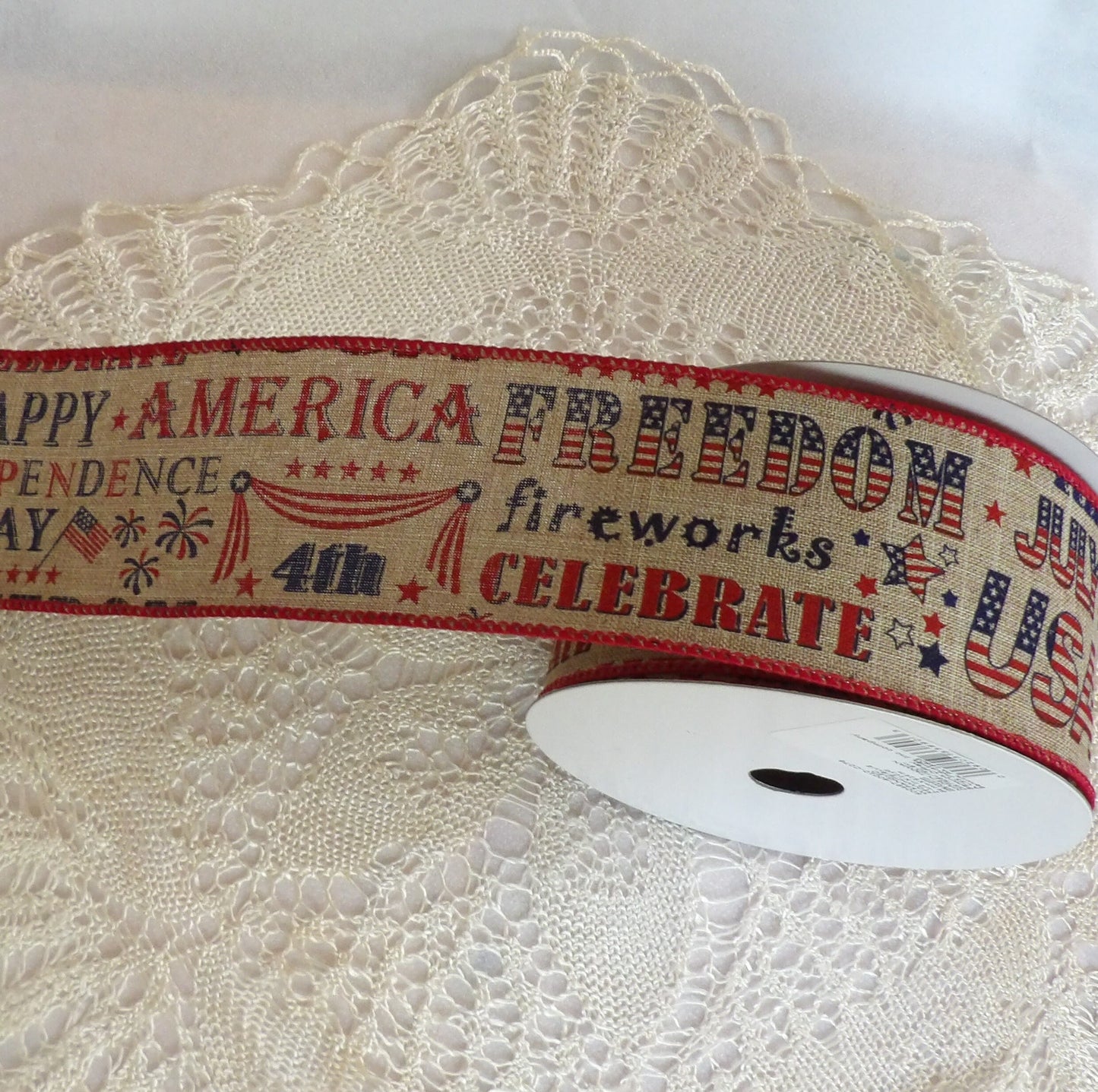 Spangled Patriotic words printed on Natural Background 2 1/2 inches by the yard or roll